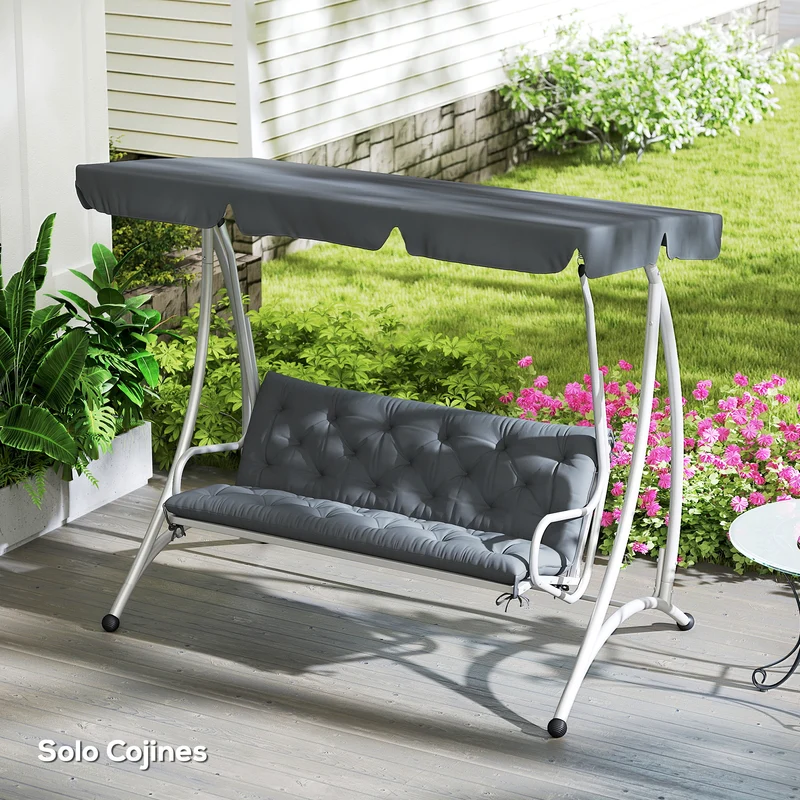 Outsunny Cojín para Banco con Respaldo 150x98x8 cm Colchón de Banco de 3 Plazas con 6 Cordones de Fijación para Jardín Terraza Balcón Exterior Gris