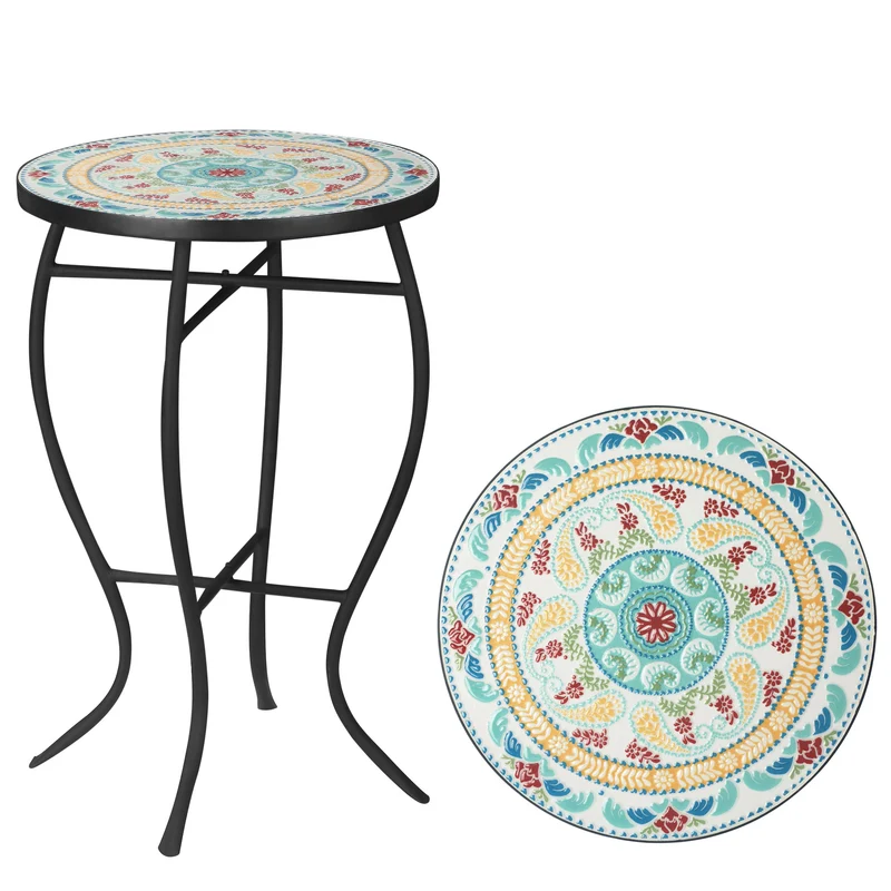 Outsunny Mesa de Jardín Redonda Mesa Auxiliar de Mosaico con Patas de Metal para Patio Terraza Exterior Balcón 35,5x35,5x53,5 cm Turquesa