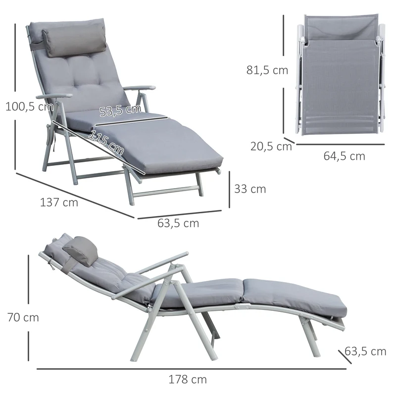 Outsunny Tumbona Plegable Tumbona de Jardín con Respaldo Ajustable en 7 Posiciones con Cojín Cuerpo Entero y Cabeza para Terraza Piscina Carga Máx. 165 kg 137x63,5x100,5 cm Gris