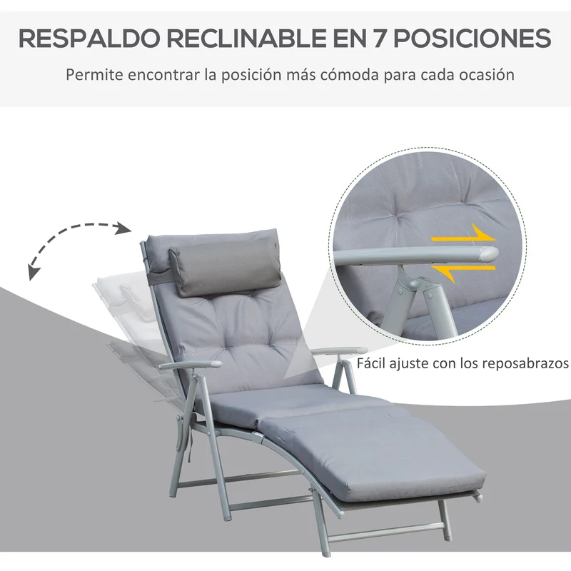 Outsunny Tumbona Plegable Tumbona de Jardín con Respaldo Ajustable en 7 Posiciones con Cojín Cuerpo Entero y Cabeza para Terraza Piscina Carga Máx. 165 kg 137x63,5x100,5 cm Gris