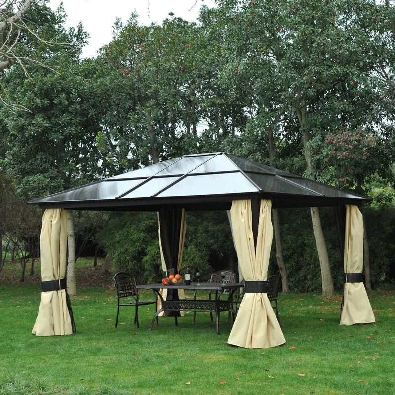 Outsunny Cenador de Jardín 4,2x3,6 m de Aluminio Pabellón de Exterior con Techo de Policarbonato 4 Cortinas Laterales y 4 Mosquiteras con Cremallera Gazebo para Fiestas Eventos Marrón
