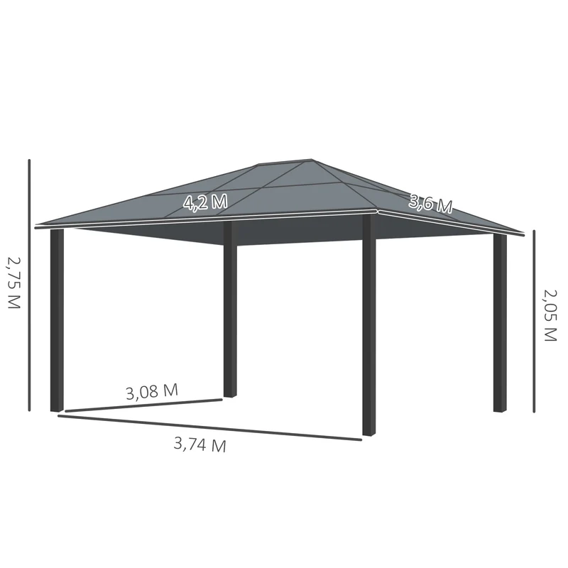 Outsunny Cenador de Jardín 4,2x3,6 m de Aluminio Pabellón de Exterior con Techo de Policarbonato 4 Cortinas Laterales y 4 Mosquiteras con Cremallera Gazebo para Fiestas Eventos Marrón