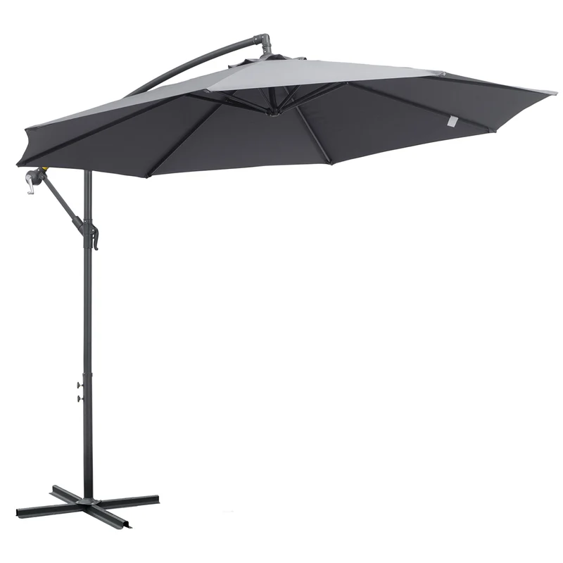 Outsunny Sombrilla de Jardín Ø295x255 cm Parasol Excéntrico Inclinable con Manivela Base Cruzada y Soporte de Metal 8 Varillas para Terraza Exterior Balcón Gris