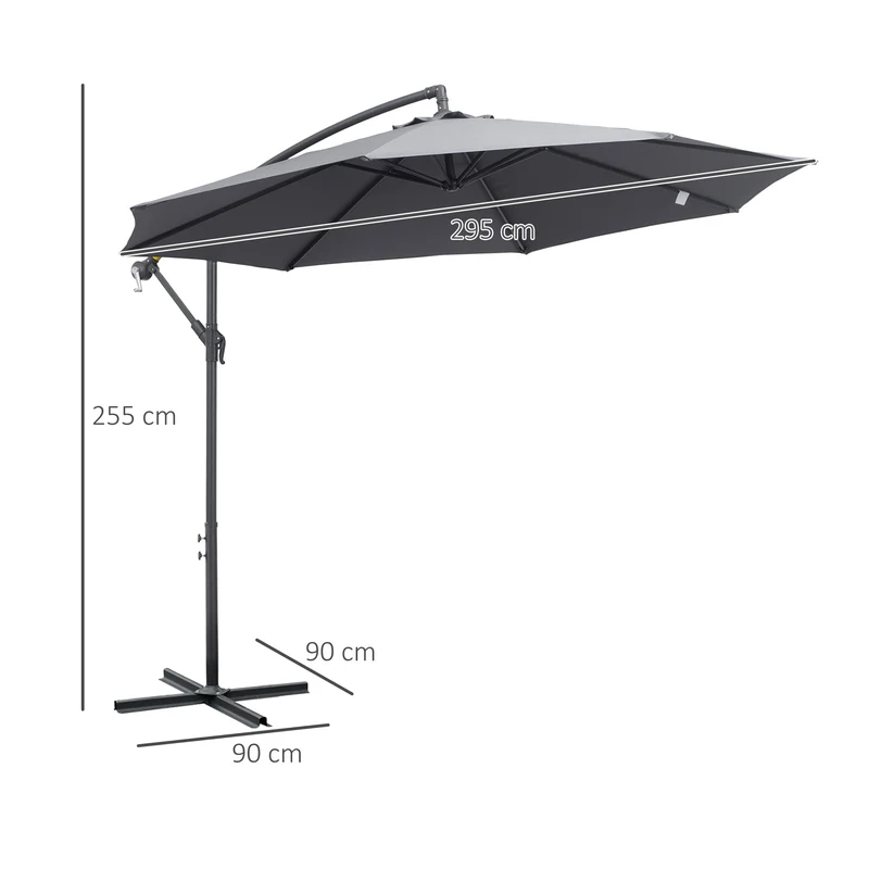 Outsunny Sombrilla de Jardín Ø295x255 cm Parasol Excéntrico Inclinable con Manivela Base Cruzada y Soporte de Metal 8 Varillas para Terraza Exterior Balcón Gris