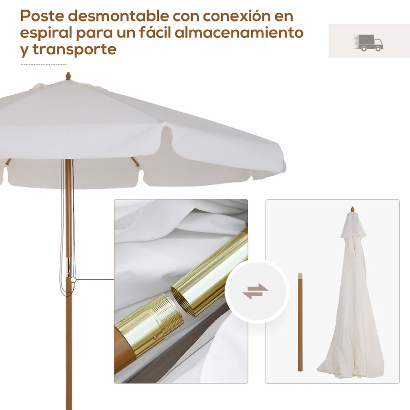 Outsunny Sombrilla Terraza Exterior Ø325 cm Sombrilla de Jardín con Sistema de Polea Techo Ventilado 8 Varillas de Bambú y Poste de Madera Parasol para Patio Terraza Beige