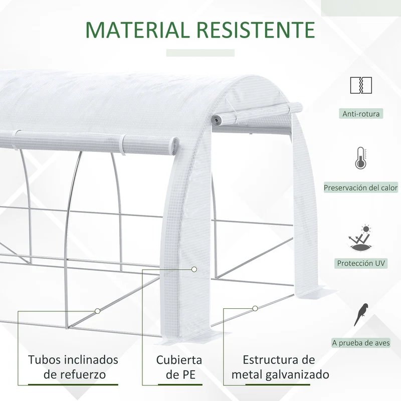 Outsunny Invernadero de Exterior 4x3x2 m Invernadero de Túnel con Puerta y 8 Ventanas de Malla Enrollables Invernadero de Huerto para Patio Jardín Blanco