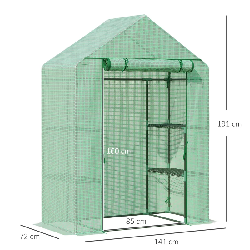 Outsunny Invernadero de Jardín 141x72x191 cm Vivero Casero con 4 Estantes Puerta Enrollable Cubierta de PE 140g/m² y Marco de Acero para Cultivos Plantas Macetas Flores Verde