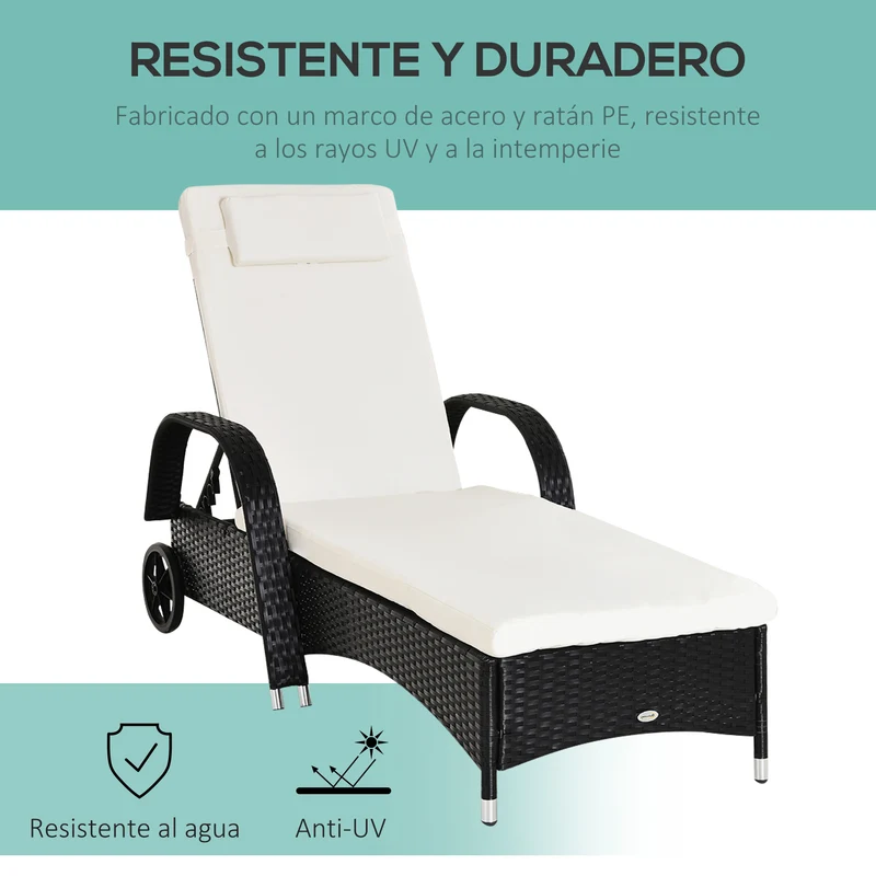 Outsunny Tumbona de Ratán de Jardín Chaise Longue con Respaldo Ajustable en 5 Posiciones Cojines Acolchados Reposacabezas y 2 Ruedas Carga 160 kg 200x73x30-103 cm Negro