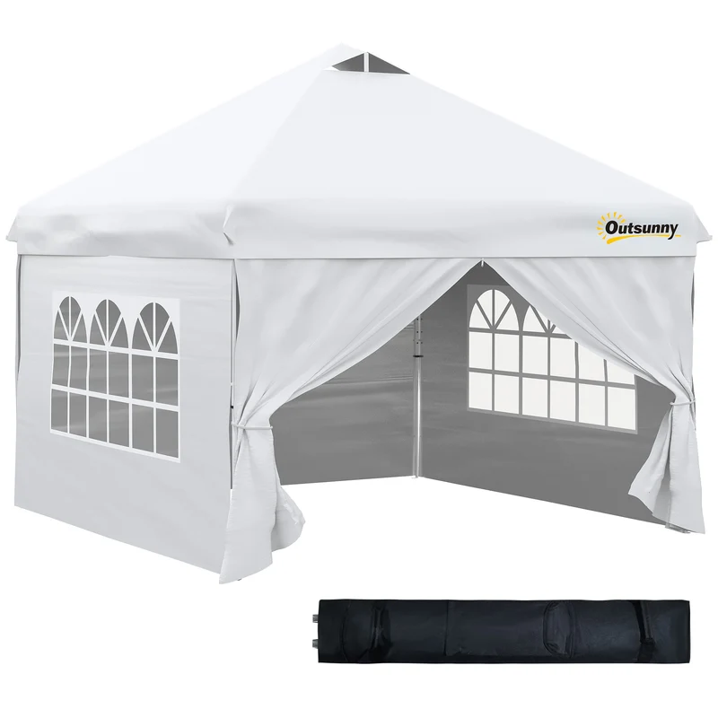 Outsunny Carpa Plegable 3x3 m con Altura Ajustable de 3 Niveles Cenador de Jardín con 4 Paredes Extraíbles 2 Ventanas 4 Sacos de Arena y Bolsa de Transporte Gazebo para Exterior Camping Blanco