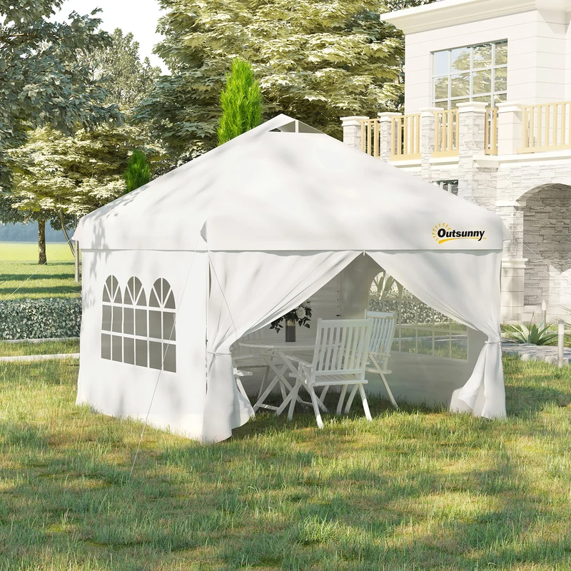 Outsunny Carpa Plegable 3x3 m con Altura Ajustable de 3 Niveles Cenador de Jardín con 4 Paredes Extraíbles 2 Ventanas 4 Sacos de Arena y Bolsa de Transporte Gazebo para Exterior Camping Blanco