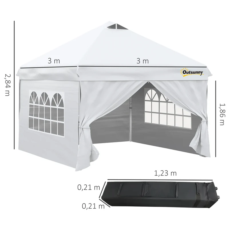 Outsunny Carpa Plegable 3x3 m con Altura Ajustable de 3 Niveles Cenador de Jardín con 4 Paredes Extraíbles 2 Ventanas 4 Sacos de Arena y Bolsa de Transporte Gazebo para Exterior Camping Blanco