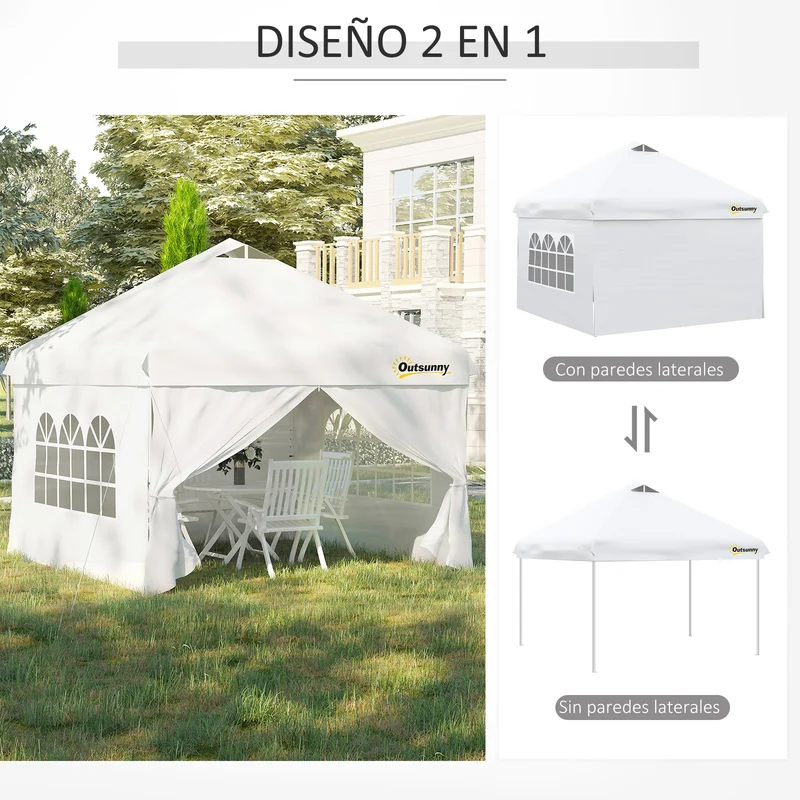 Outsunny Carpa Plegable 3x3 m con Altura Ajustable de 3 Niveles Cenador de Jardín con 4 Paredes Extraíbles 2 Ventanas 4 Sacos de Arena y Bolsa de Transporte Gazebo para Exterior Camping Blanco