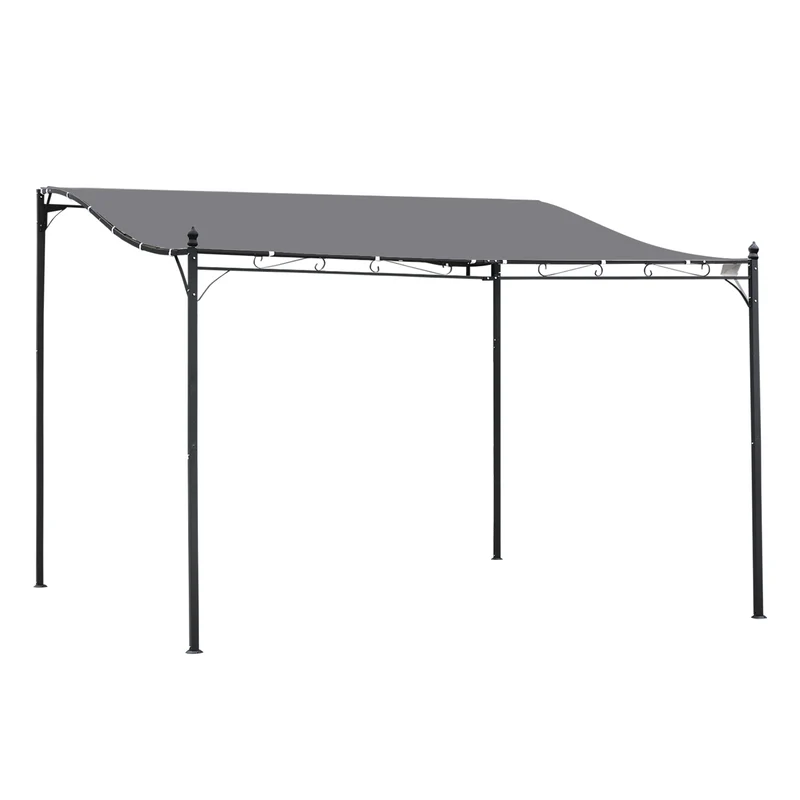 Outsunny Cenador de Jardín 4x3 m Pérgola Montado en Pared con Toldo y 16 Orificios de Drenaje Marco de Metal y Poliéster 180 g/m² para Patio Terraza Gris