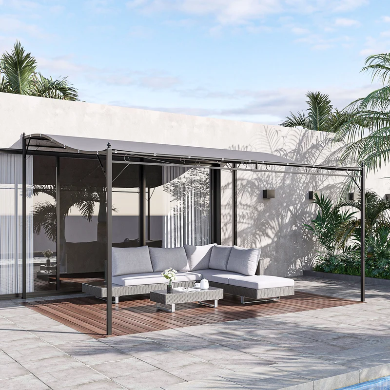 Outsunny Cenador de Jardín 4x3 m Pérgola Montado en Pared con Toldo y 16 Orificios de Drenaje Marco de Metal y Poliéster 180 g/m² para Patio Terraza Gris