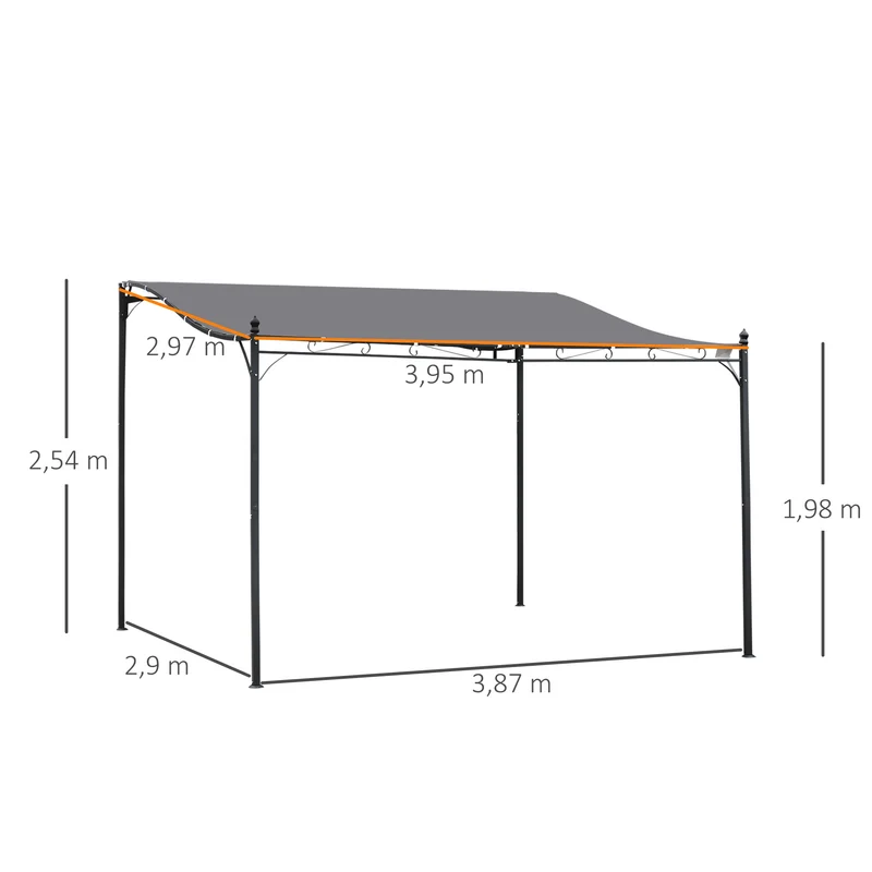 Outsunny Cenador de Jardín 4x3 m Pérgola Montado en Pared con Toldo y 16 Orificios de Drenaje Marco de Metal y Poliéster 180 g/m² para Patio Terraza Gris