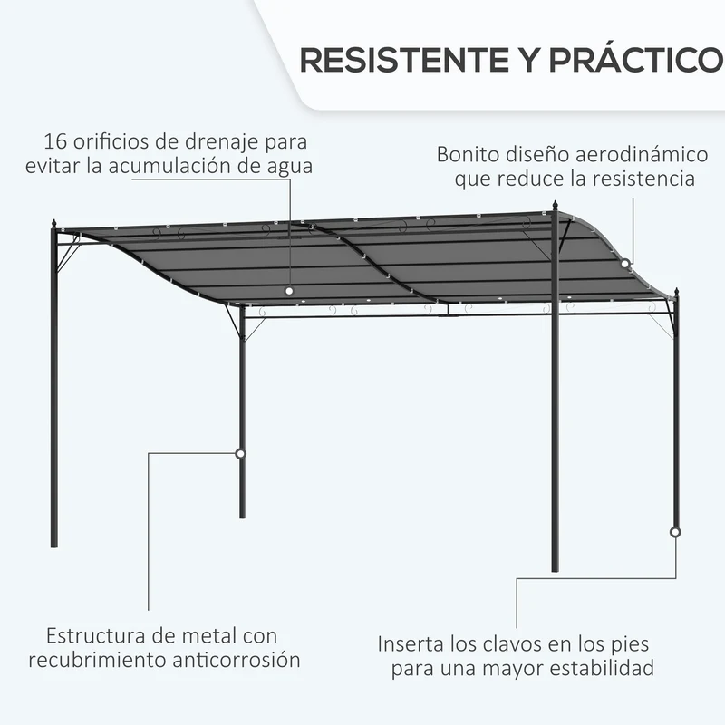 Outsunny Cenador de Jardín 4x3 m Pérgola Montado en Pared con Toldo y 16 Orificios de Drenaje Marco de Metal y Poliéster 180 g/m² para Patio Terraza Gris