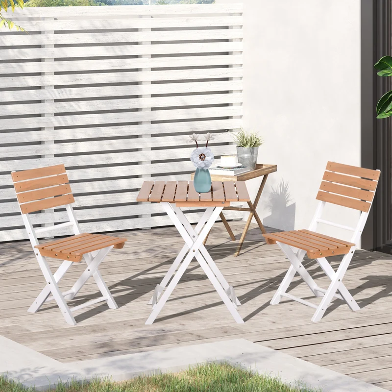 Outsunny Conjunto de Muebles de Jardín de 3 Piezas Muebles de Exterior Plegable con 1 Mesa y 2 Sillas de Madera para Terraza Patio Balcón Natural