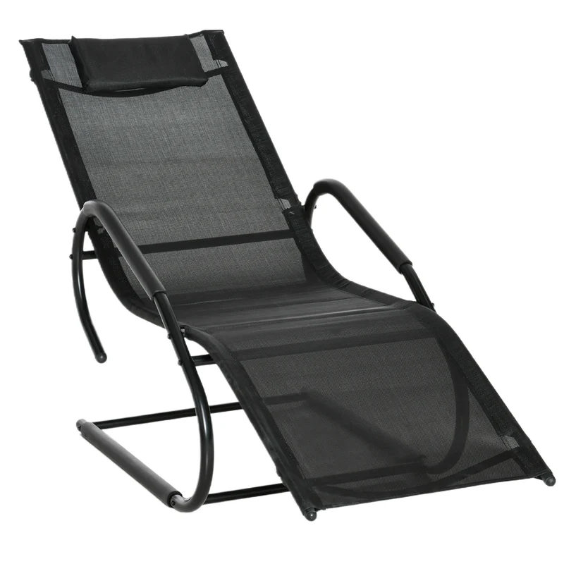Outsunny Tumbona de Jardín Ergonómica con Reposacabezas Reposapiés y Reposabrazos Mecedora Tapizado en Tela Texteline Transpirable para Exterior Terraza Patio 160x59,5x83 cm Negro