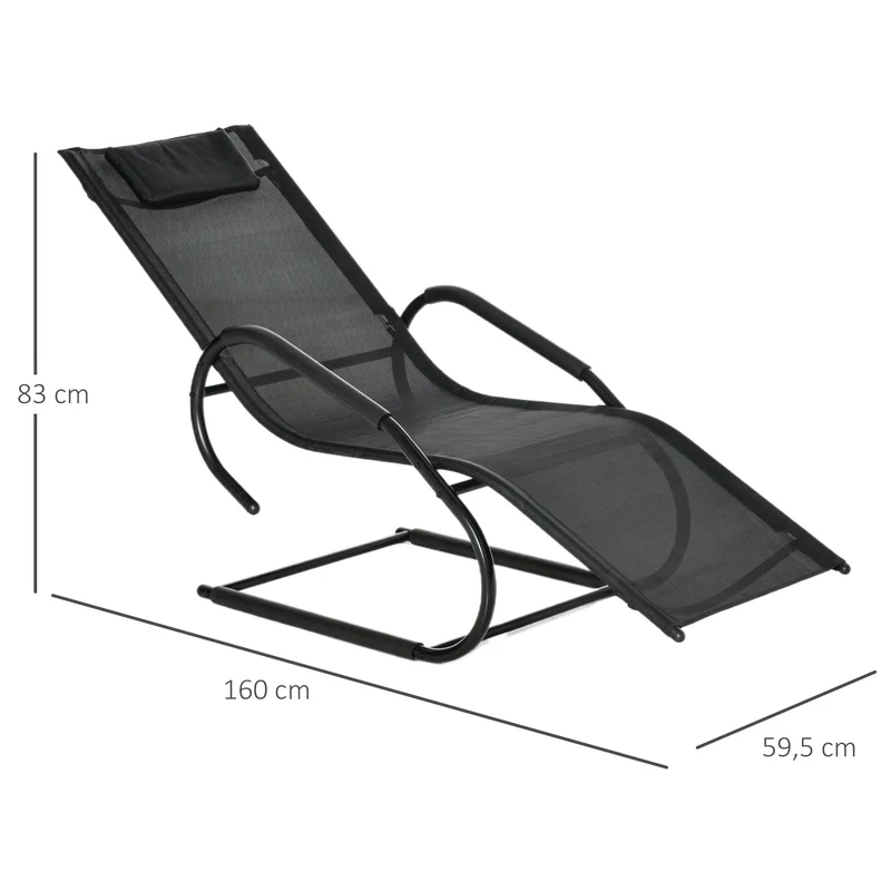 Outsunny Tumbona de Jardín Ergonómica con Reposacabezas Reposapiés y Reposabrazos Mecedora Tapizado en Tela Texteline Transpirable para Exterior Terraza Patio 160x59,5x83 cm Negro