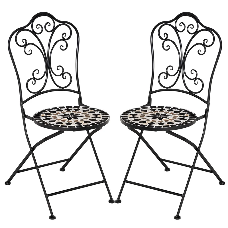 Outsunny Set de 2 Sillas de Jardín Plegables con Asiento de Mosaico Cerámico y Marco de Metal Carga 120 kg para Bistró Terraza Patio Exterior 40x50x92 cm Negro