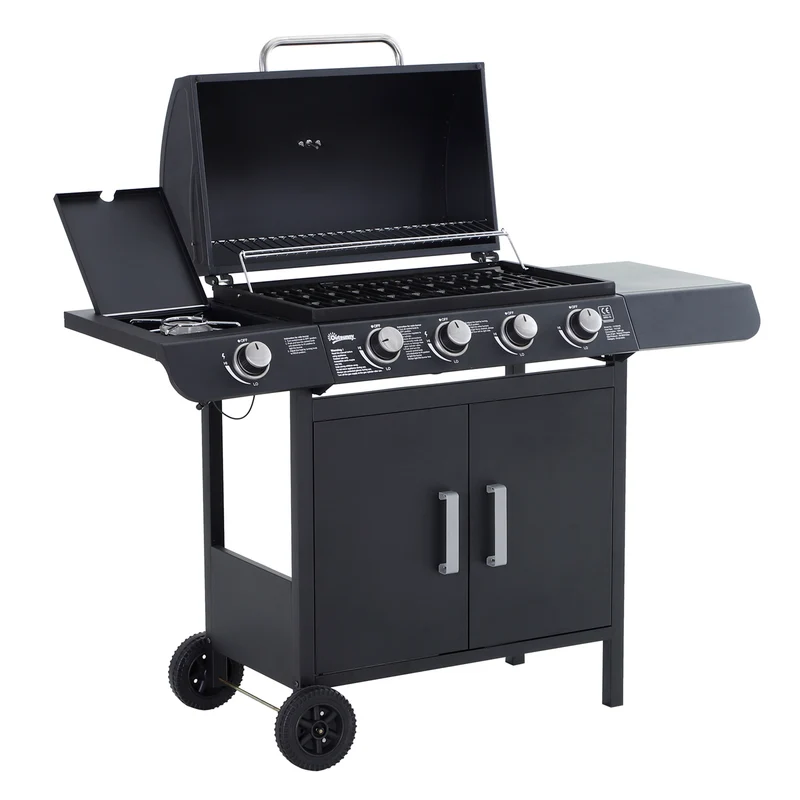 Outsunny Barbacoa de Gas con 4+1 Quemadores 14,4 KW Mesas Laterales Armario de Almacenaje Termómetro y 2 Ruedas Acero Inoxidable BBQ 125x51x100 cm Negro