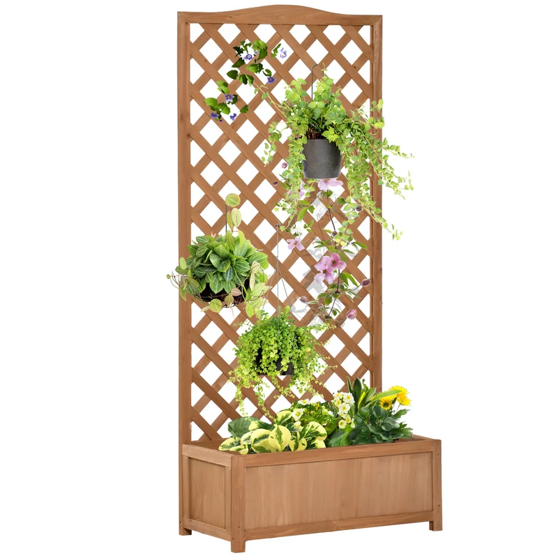 Outsunny Jardinera con Enrejado de Madera Maciza Arriate Macetero con Soporte para Trepadora Cultivos Plantas Flores para Balcón Terraza Jardín Exterior 76x36x170 cm Marrón