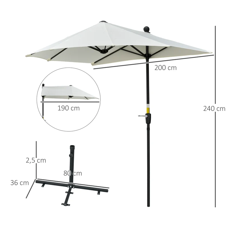 Outsunny Sombrilla de Pared de Jardín 200x190x240 cm Parasol de Terraza con Manivela Poste de Acero y Base Cruzada Anti-UV para Terraza Balcón Crema