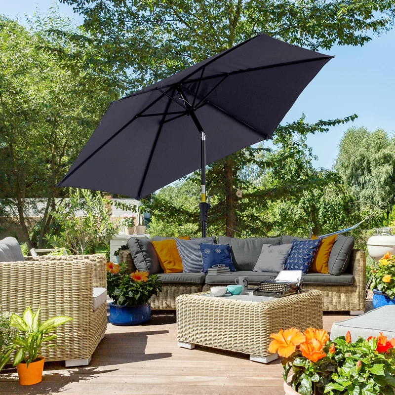 Outsunny Sombrilla para Jardín de Aluminio Ø260x235 cm Parasol de Jardín Reclinable con Manivela y 6 Varillas de Metal para Terraza Exterior Balcón Gris