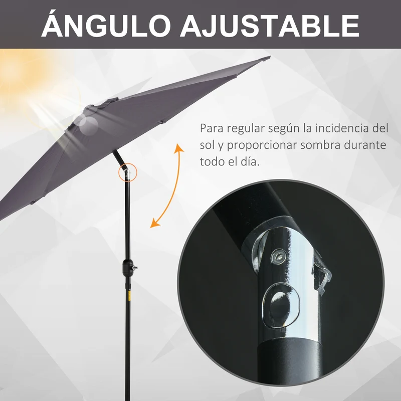 Outsunny Sombrilla para Jardín de Aluminio Ø260x235 cm Parasol de Jardín Reclinable con Manivela y 6 Varillas de Metal para Terraza Exterior Balcón Gris