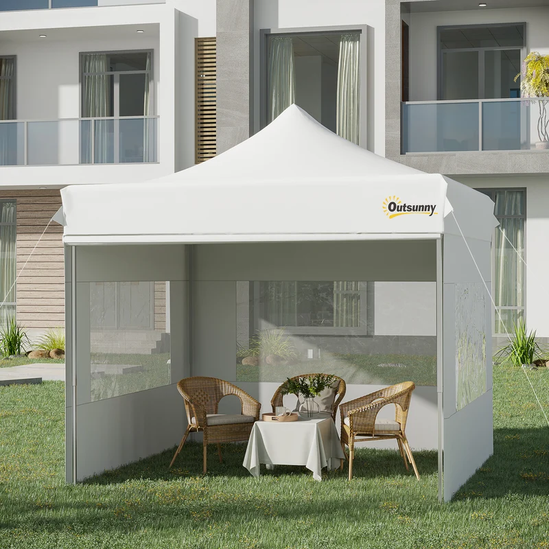 Outsunny Carpa Plegable 3x3 m con Altura Ajustable Cenador de Jardín con 4 Paredes Extraíbles de Tela Oxford 4 Ventanas y Bolsa de Transporte Impermeable Gazebo para Exterior Terraza Camping Blanco
