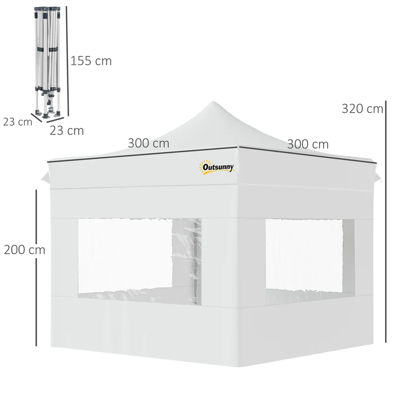 Outsunny Carpa Plegable 3x3 m con Altura Ajustable Cenador de Jardín con 4 Paredes Extraíbles de Tela Oxford 4 Ventanas y Bolsa de Transporte Impermeable Gazebo para Exterior Terraza Camping Blanco