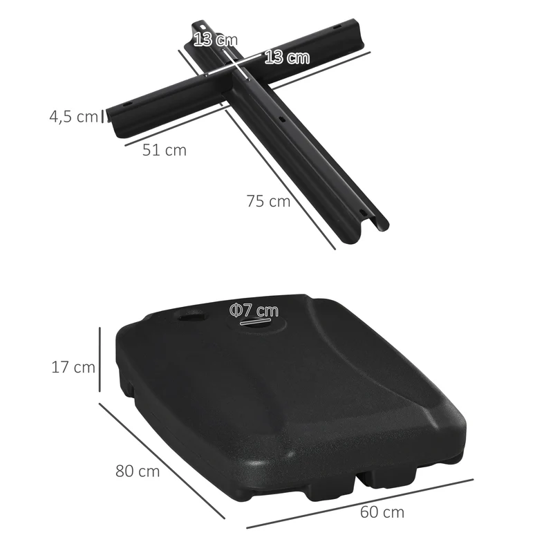 Outsunny Base de Sombrilla con 2 Ruedas Rellenable de Agua 60 kg Arena 68 kg o Mixto 75 kg Soporte de Parasol para Base Cruzada para Jardín Patio Terraza 80x60x17 cm Negro