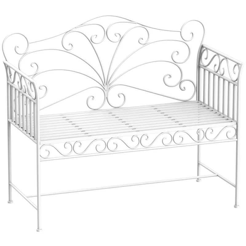 Outsunny Banco de Jardín de 2 Plazas 113,5x50x96 cm Banco de Terraza de Metal con Respaldo Decorativo y Reposabrazos Vintage para Exterior Carga 200 kg Crema