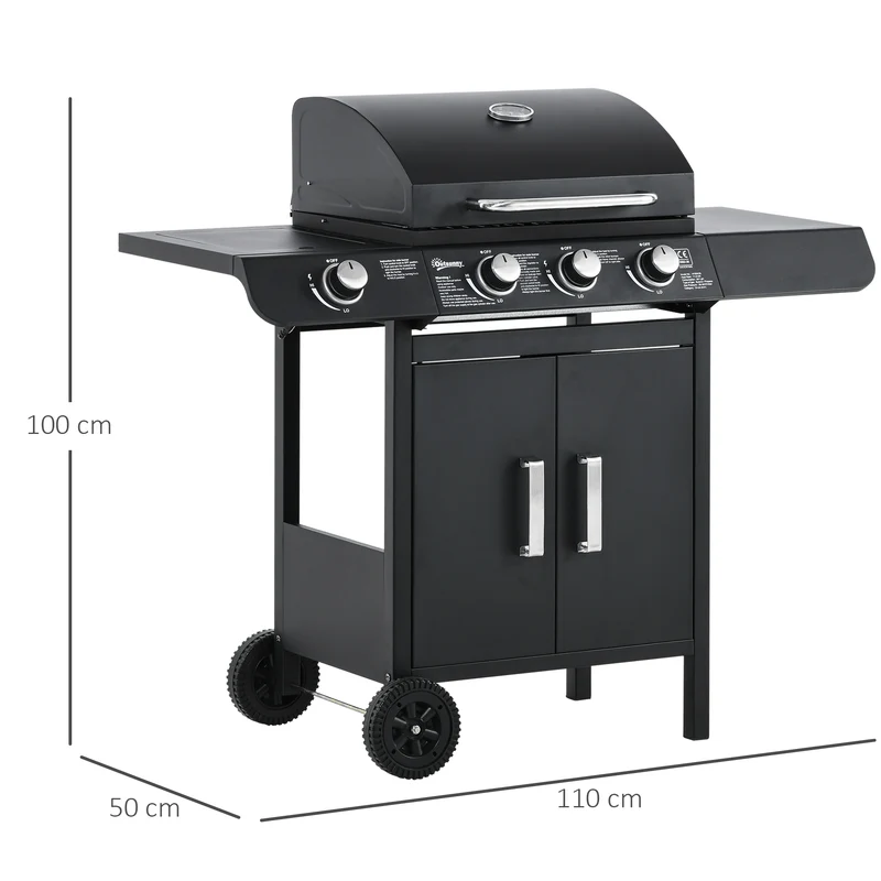 Outsunny Barbacoa de Gas BBQ con 3+1 Quemadores 11,6 KW 2 Mesas Laterales Armario de 2 Puertas Termómetro y 2 Ruedas Acero Inoxidable 110x50x100 cm Negro