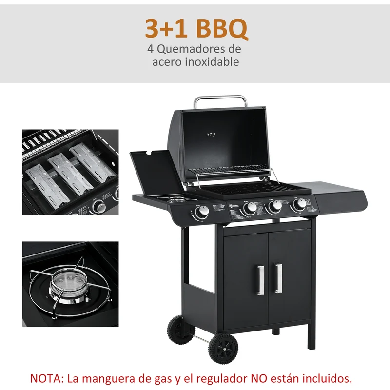 Outsunny Barbacoa de Gas BBQ con 3+1 Quemadores 11,6 KW 2 Mesas Laterales Armario de 2 Puertas Termómetro y 2 Ruedas Acero Inoxidable 110x50x100 cm Negro