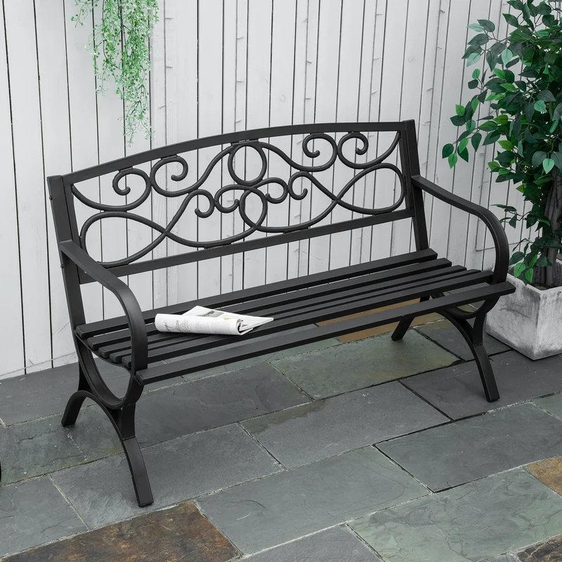 Outsunny Banco de Jardín de 2 Plazas con Respaldo y Reposabrazos Estilo Vintage para Terraza Balcón Patio Exterior Carga 240 kg Hierro Fundido y Acero 128x58,5x85 cm Negro