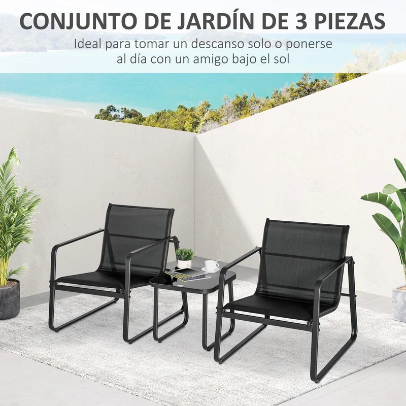 Outsunny Conjunto de Muebles de Jardín 3 Piezas Muebles de Jardín Exterior Incluye 1 Mesa de Vidrio Templado y 2 Sillas con Reposabrazos y Respaldo Transpirable para Terraza Balcón Negro