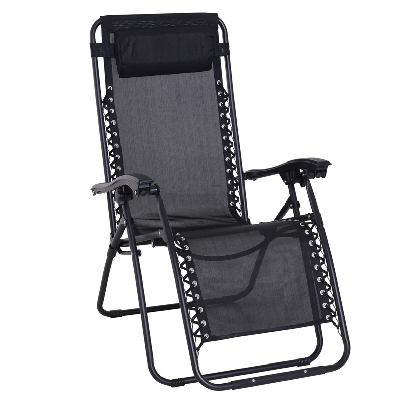 Outsunny Tumbona Plegable de Jardín Silla Gravedad Cero Sillón de Playa Relajante Texteline Marco Acero Carga 120kg 90x65x110 cm Negro
