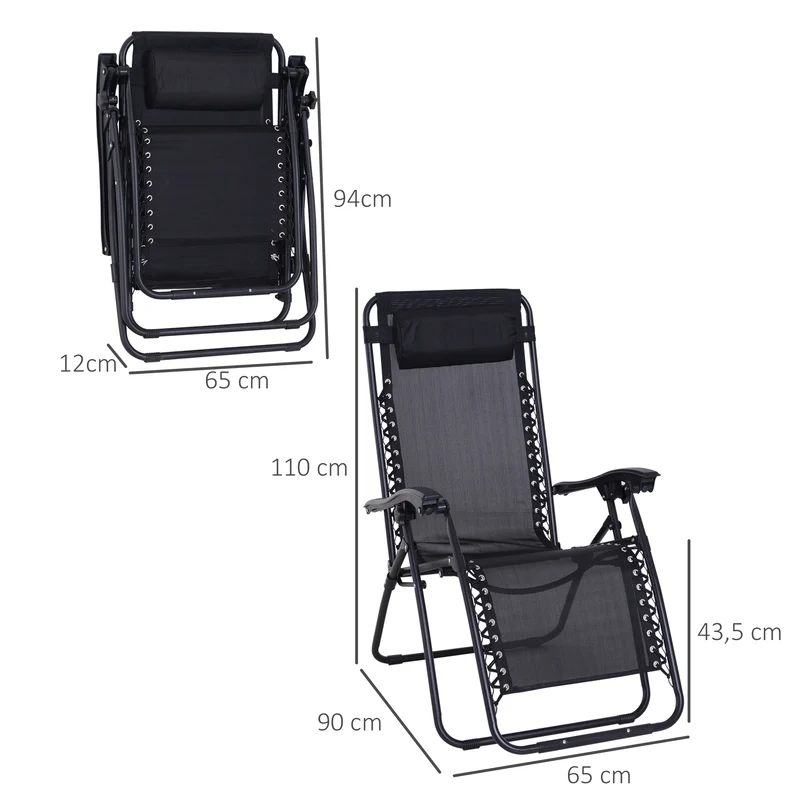 Outsunny Tumbona Plegable de Jardín Silla Gravedad Cero Sillón de Playa Relajante Texteline Marco Acero Carga 120kg 90x65x110 cm Negro