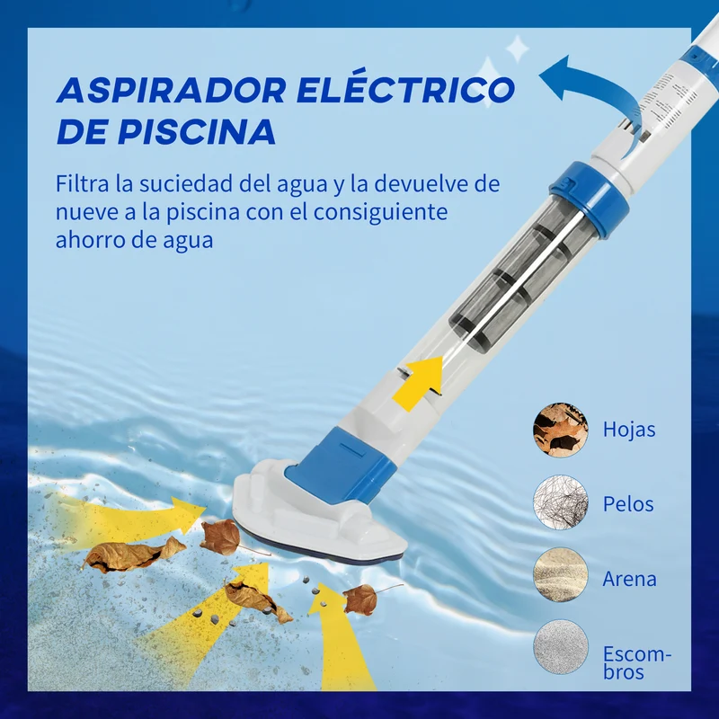 Outsunny Limpiafondos para Piscina Manual Aspirador de Piscina Eléctrico Autonomía 45 Minutos con Poste Telescópico 150-210 cm Cepillo y 2 Ruedas para Estanques 210x17x7 cm Plata