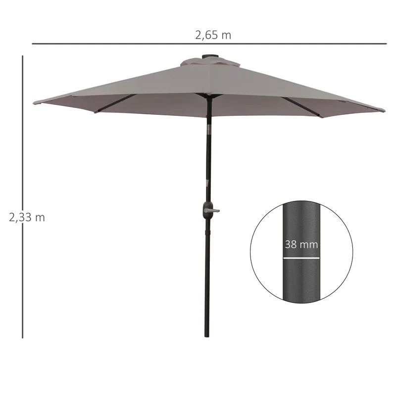 Outsunny Sombrilla Terraza Exterior Ø265 cm Sombrilla de Jardín con 32 Luces LED Solares Poste de Acero y Manivela Parasol Inclinable para Patio Terraza Gris
