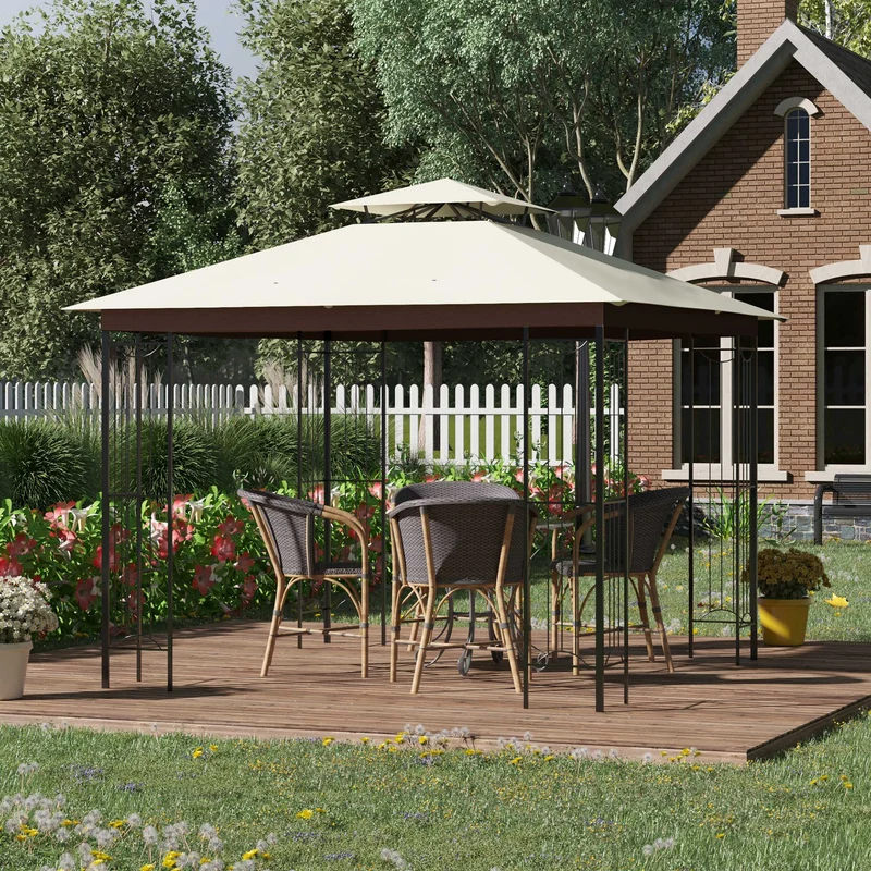Outsunny Cenador de Jardín 3x3 m Pabellón para Exterior con Doble Techo de Ventilación y Marco de Acero Anti-UV para Fiestas Eventos Patio al Aire Libre Beige