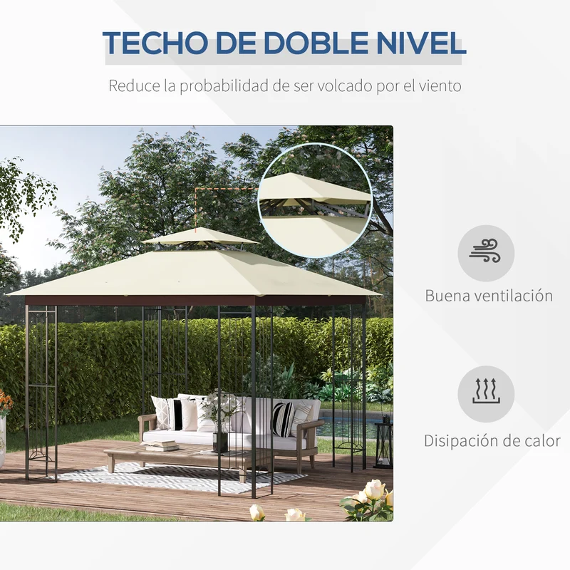 Outsunny Cenador de Jardín 3x3 m Pabellón para Exterior con Doble Techo de Ventilación y Marco de Acero Anti-UV para Fiestas Eventos Patio al Aire Libre Beige