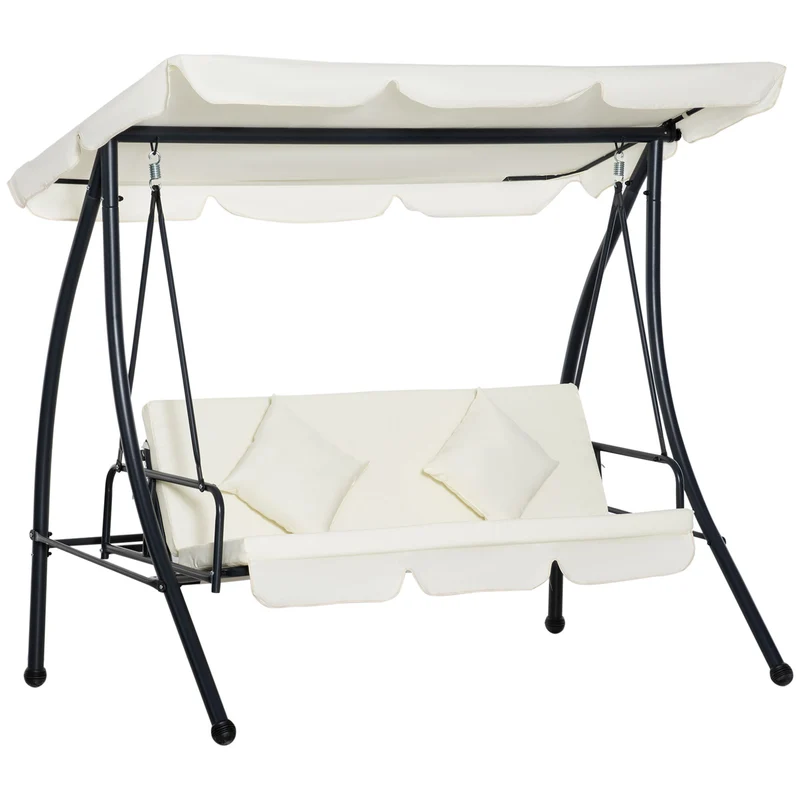 Outsunny Columpio Balancín Jardín de 3 Plazas Convertible en Cama con Techo Ajustable Cojín Acolchado y Almohadas para Balcón Terraza Carga 340 kg Acero 200x125x170 cm Crema