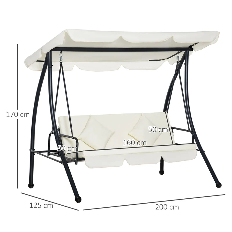 Outsunny Columpio Balancín Jardín de 3 Plazas Convertible en Cama con Techo Ajustable Cojín Acolchado y Almohadas para Balcón Terraza Carga 340 kg Acero 200x125x170 cm Crema
