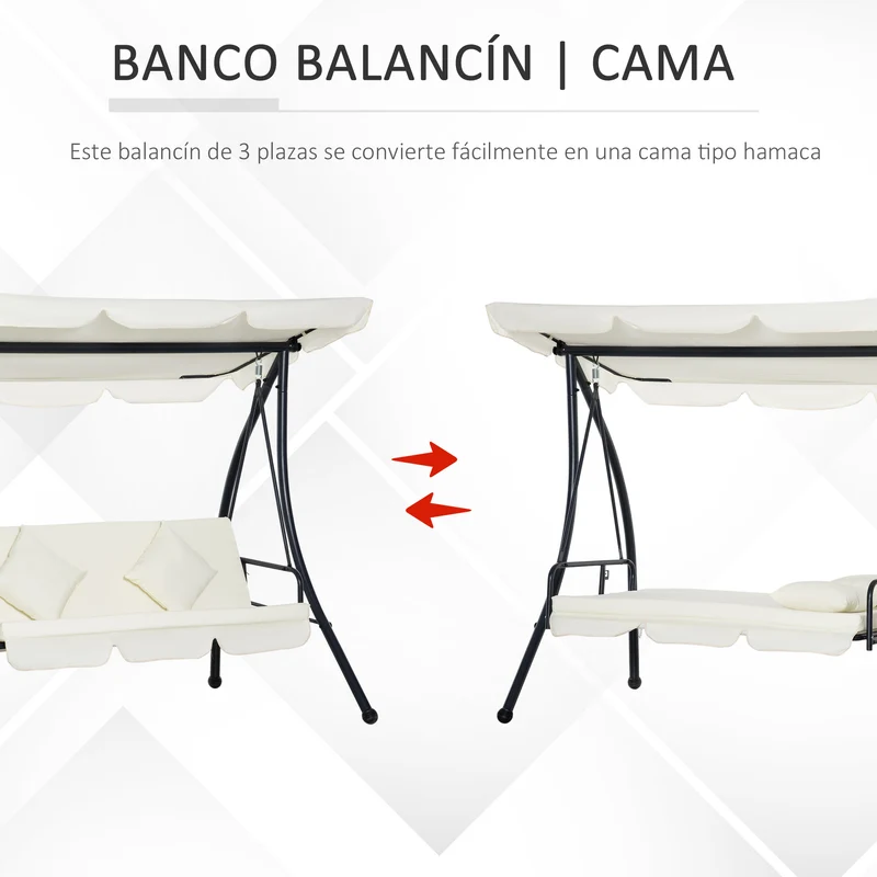 Outsunny Columpio Balancín Jardín de 3 Plazas Convertible en Cama con Techo Ajustable Cojín Acolchado y Almohadas para Balcón Terraza Carga 340 kg Acero 200x125x170 cm Crema