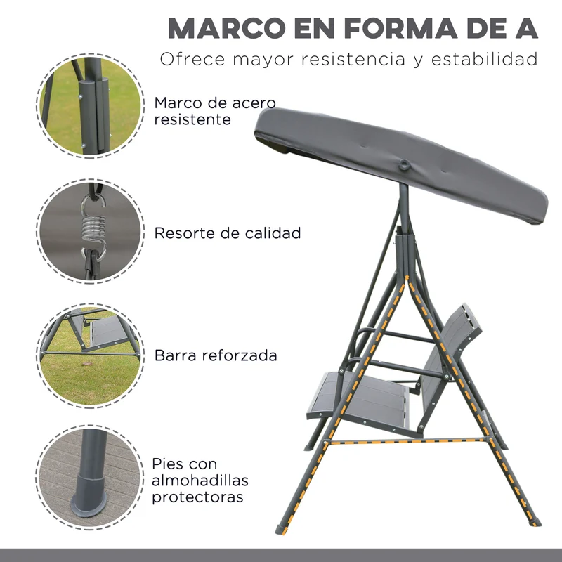 Outsunny Columpio Balancín Jardín de 3 Plazas con Techo Parasol Ajustable Respaldo Transpirable y Marco de Acero para Terraza Balcón Exterior 175x118x159 cm Gris
