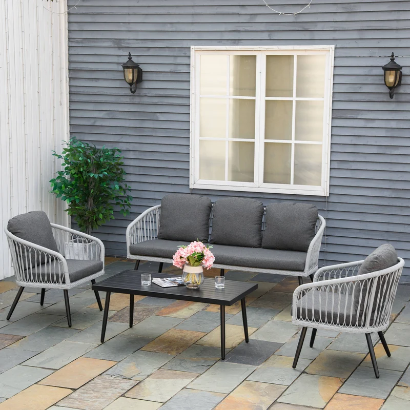 Outsunny Conjunto de Muebles de Ratán y Aluminio Juego de Muebles de Jardín 4 Piezas Mesa de Café Sofá de 3 Plazas y 2 Sillones con Cojines para Terraza Exterior Gris