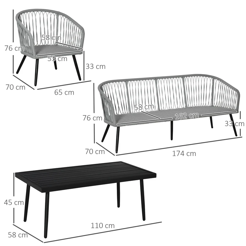 Outsunny Conjunto de Muebles de Ratán y Aluminio Juego de Muebles de Jardín 4 Piezas Mesa de Café Sofá de 3 Plazas y 2 Sillones con Cojines para Terraza Exterior Gris
