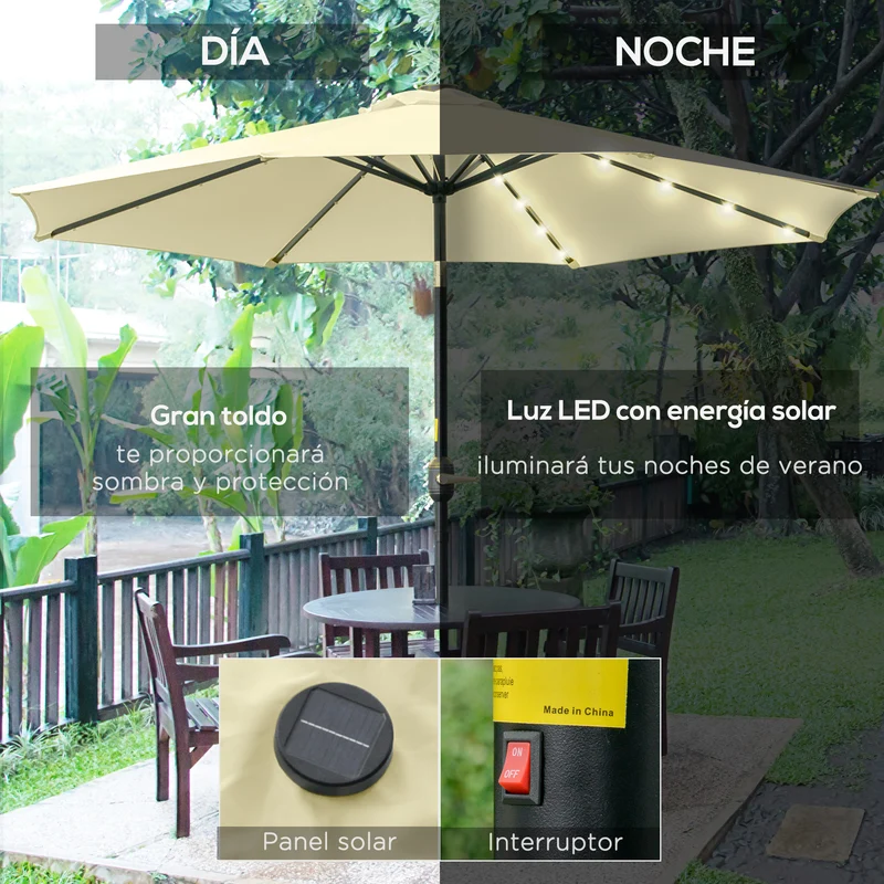Outsunny Sombrilla Terraza Exterior Ø265 cm Sombrilla de Jardín con 32 Luces LED Solares Poste de Acero y Manivela Parasol Inclinable para Patio Terraza Beige